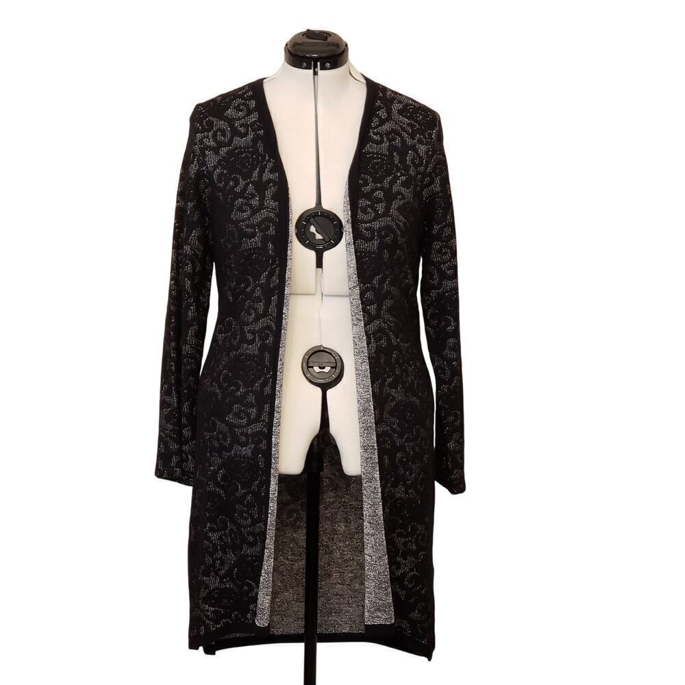 Chicos Black Silver Metallic Brocade Wool Blend Open Front Midi Cardigan SZ 2(L)